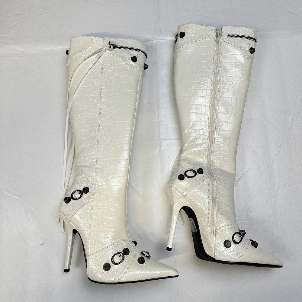 Fashion Nova Knee High Boots Croc Embossed White Stiletto Size‎ 6